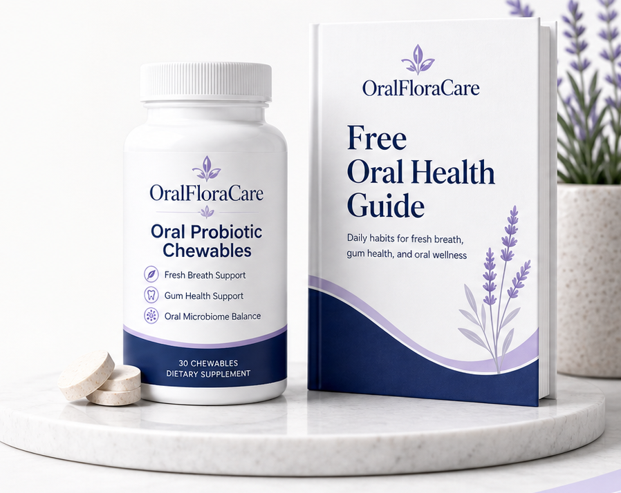 OralFloraCare Bottle and 5 Essential Tips for Better Oral Health eBook