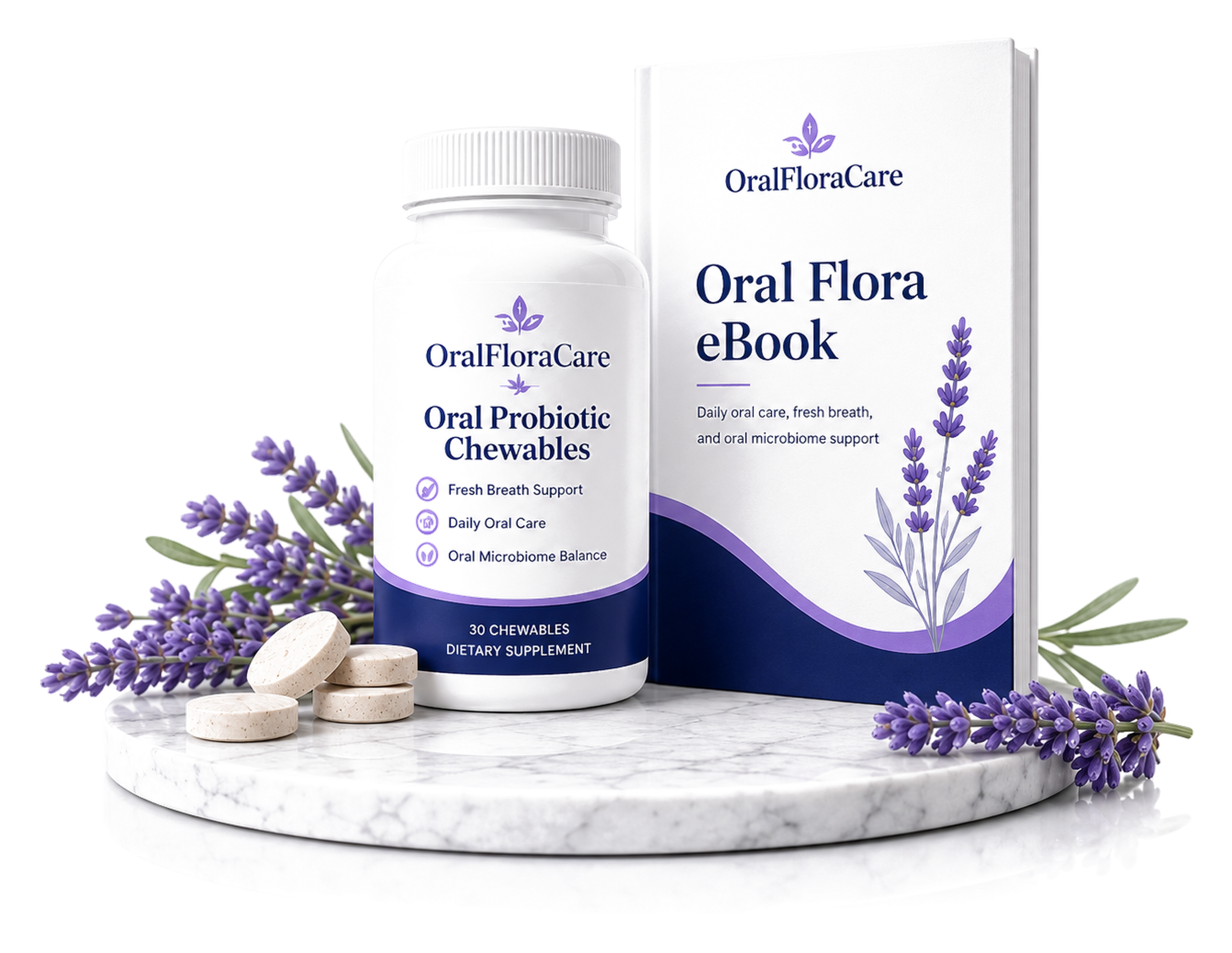 OralFloraCare Oral Probiotic Chewables bottle alongside the Oral Flora eBook on a marble podium with soft lavender botanicals